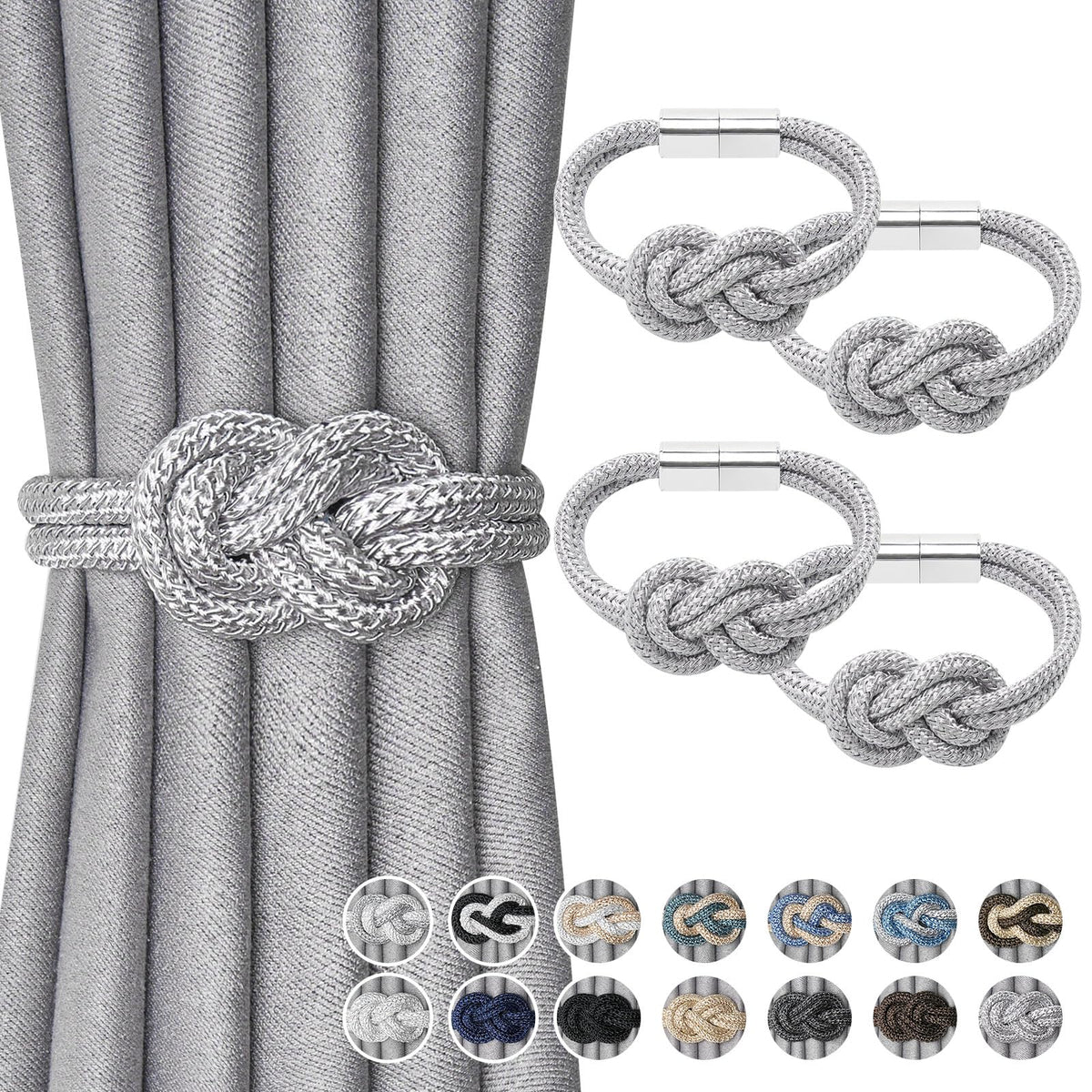 NICEEC 2 Pack Mini Magnetic Curtain Tiebacks Nordic Simple Style Drape Tie Backs Elegant Hand Weave Rope Knot Decorative Curtain Holdbacks for Home & Office Thin Window Drapery (Silver Grey)