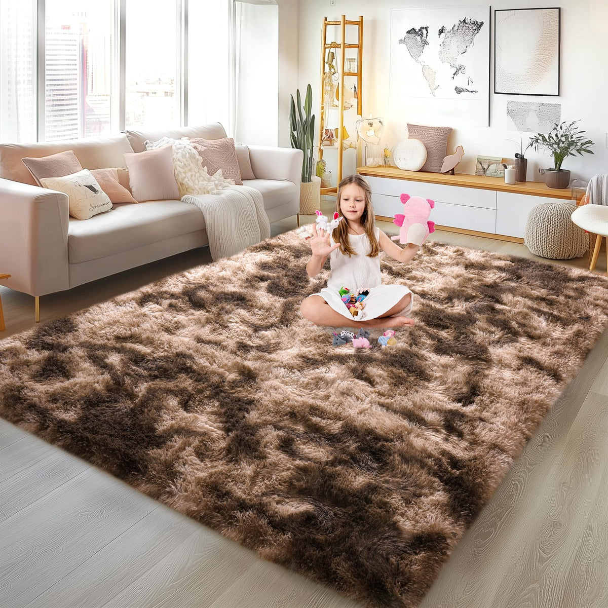 Large 8x10 Area Rugs for Living Room, Tie-Dyed Yellow Soft Shag Rug