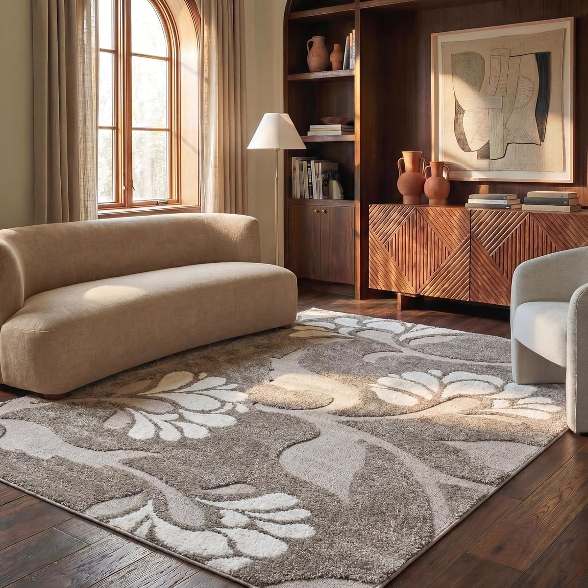 SAFAVIEH Area Rug 8x10 - Florida Shag Collection - Large - Smoke & Beige, Floral Design, Non-Shedding & Easy Cleaning, Plush Thick Pile, Ideal for Living Room, Bedroom, Dining Space (SG459-7913)