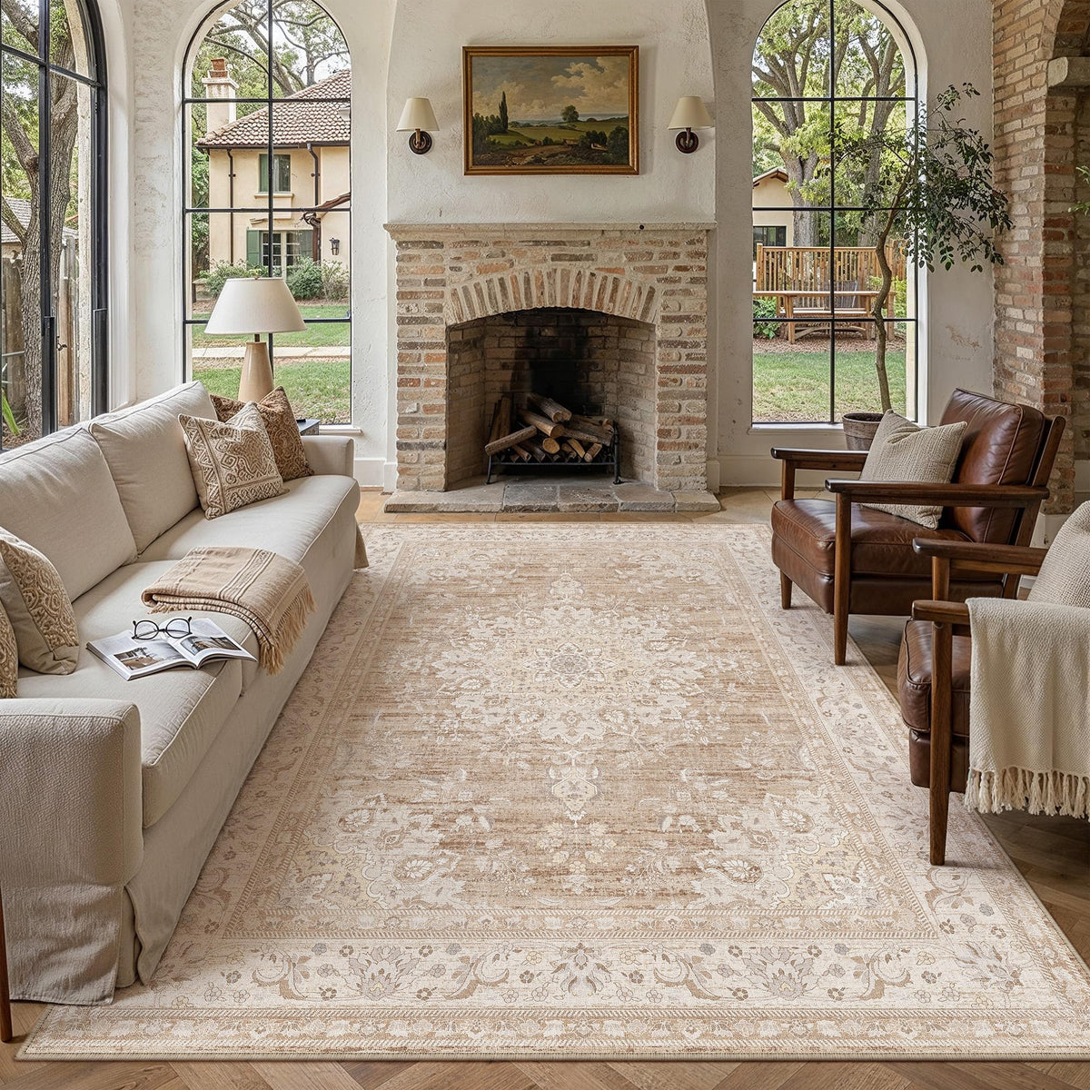 PureCozy 8x10 Neutral Area Rug Living Room Ivory Beige Vintage Medallion
