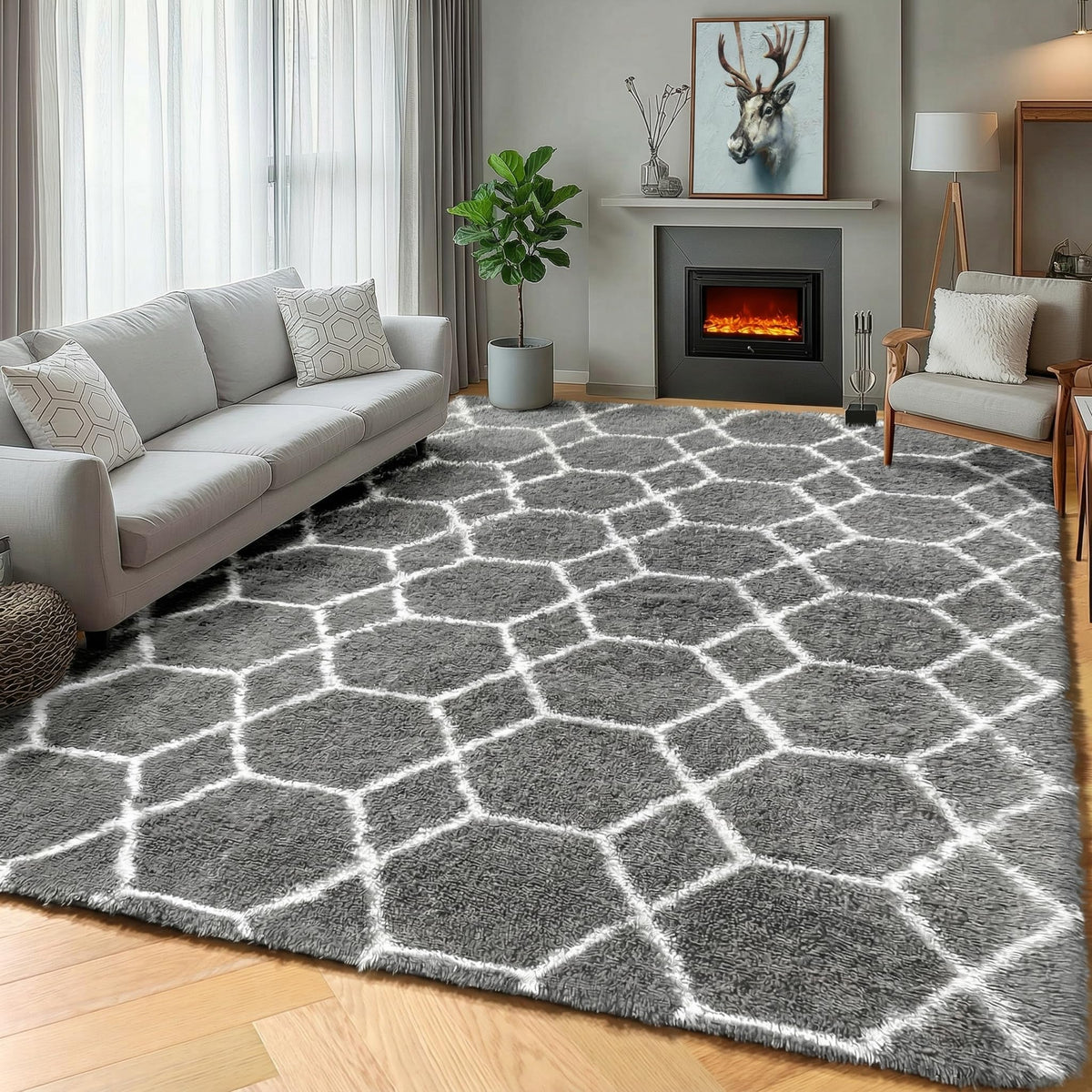 Area Rugs for Living Room Bedroom, 5x8 Fluffy Tie-Dyed Light Grey Shag Rug