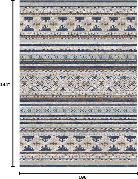 RUGSURE Washable Area Rugs 9' x 12' - 1/6 Thick - Moroccan-Inspired -Stain & Water Resistant Non-Slip - Resistant Rug for Living Room, Bedroom, Nursery, Pet & Child Friendly (Blue and Brown)