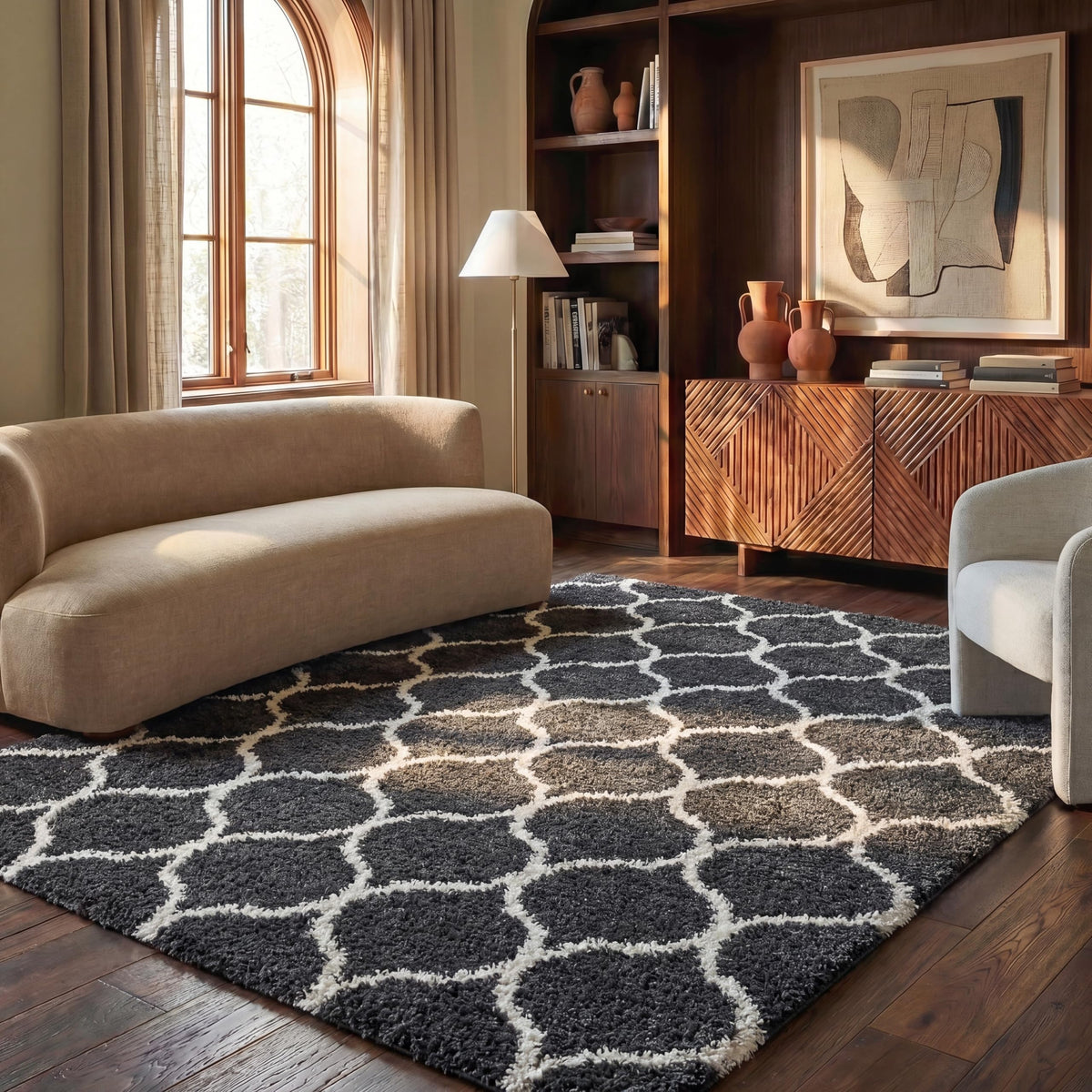SAFAVIEH Hudson Shag Collection 9' x 12' Grey/Ivory SGH280B Moroccan Ogee Trellis Non-Shedding Living Room Bedroom Dining Room Entryway Plush 2-inch Thick Area Rug