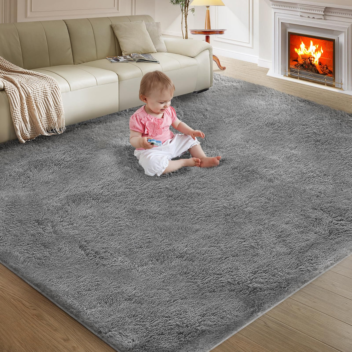 Ultra Soft Rug for Living Room, 8X10 Fluffy Shag Area Rug for Bedroom, Modern Shaggy Carpets Fuzzy Rug for Teens Dorm Nursery Home Decor Aesthetic, Upgrade Anti-Skid Durable, Cream White