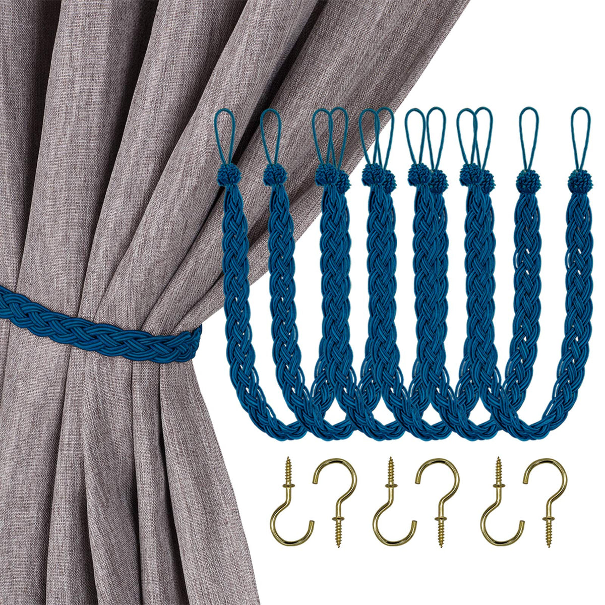 Home Queen Handwoven Rope Curtain Tiebacks for Drapes, 2 Pack Rope Holdbacks with Hooks, 23 Inch Long Polyester and Cotton Braided Tie Backs for Thick and Sheer Curtains,Navy and Silver