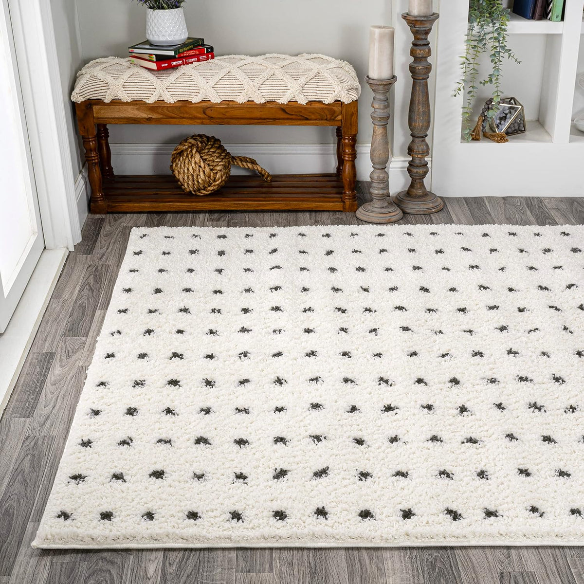 JONATHAN Y Pele Modern Geometric Dot Shag White/Gray Indoor Area Rug, 8x10, Bohemian, Contemporary, Easy-Cleaning for Living Room, Bedroom, Kitchen, Pet Friendly, Non-Shedding (MOH400A-8)