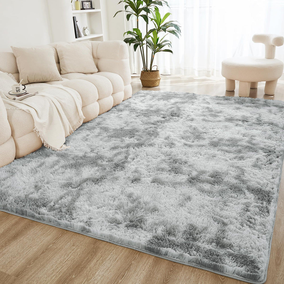 Litanika 5x8 Shag Area Rug for Bedroom, Tie-Dyed Beige Plush Rug