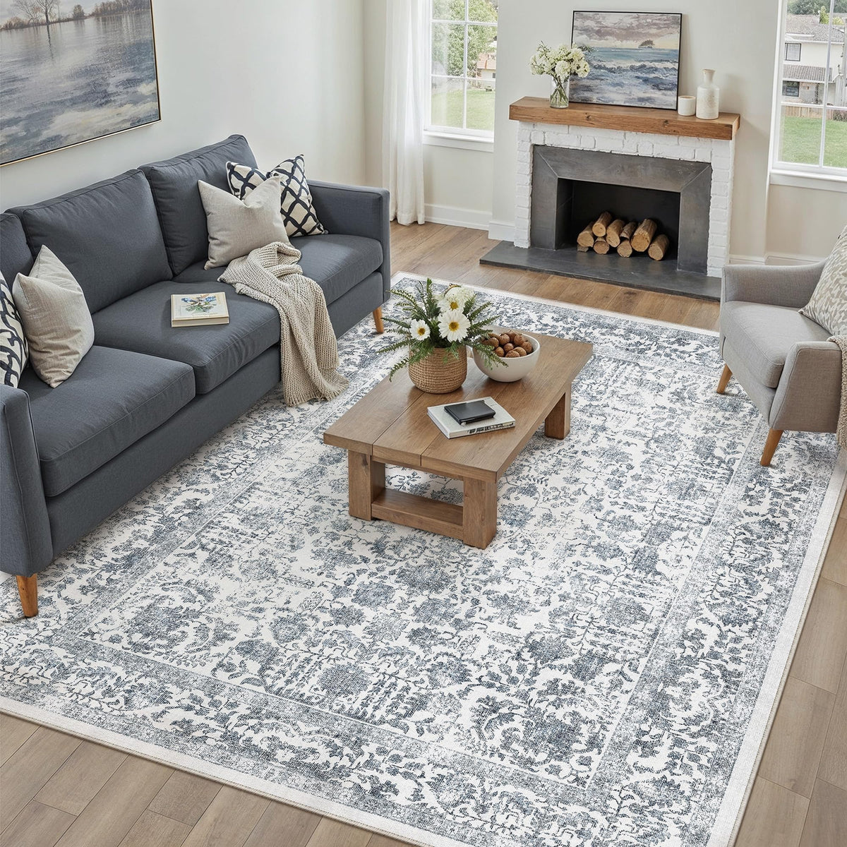 PureCozy Gray Area Rug 8x10 Vintage Floral