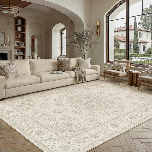 PureCozy 8x10 Neutral Area Rug Living Room Ivory Beige Vintage Medallion
