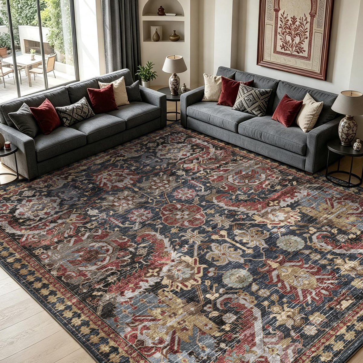 RUGSURE Washable Area Rugs 9' x 12' - 1/6 Thick - Moroccan-Inspired -Stain & Water Resistant Non-Slip - Resistant Rug for Living Room, Bedroom, Nursery, Pet & Child Friendly (Blue and Brown)