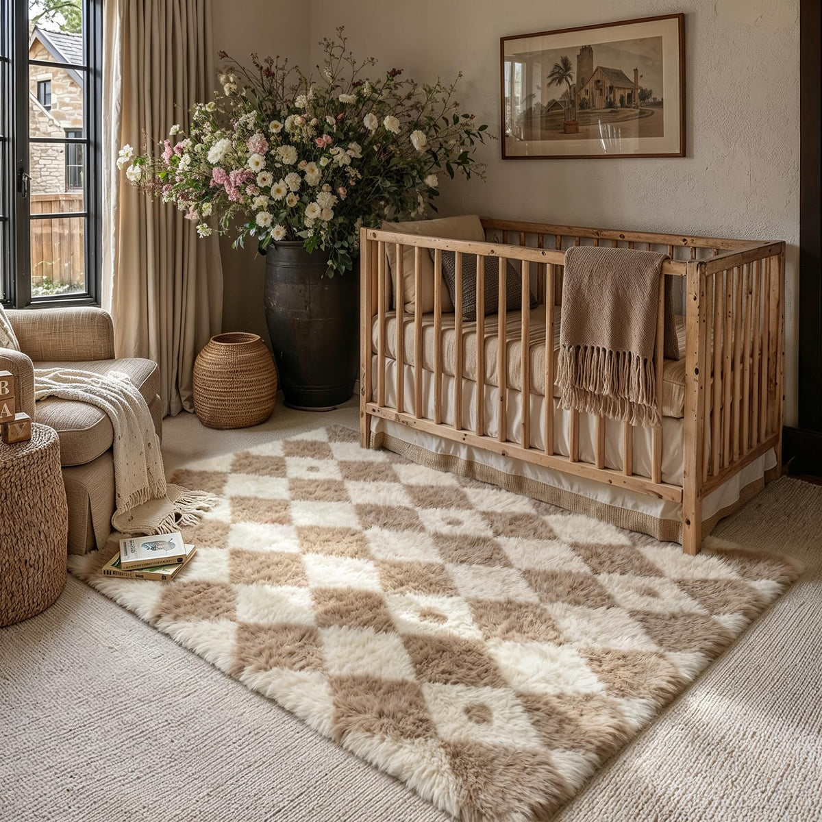 PureCozy Beige 8x10 Area Rug for Living Room Soft Checkered Shag Carpet