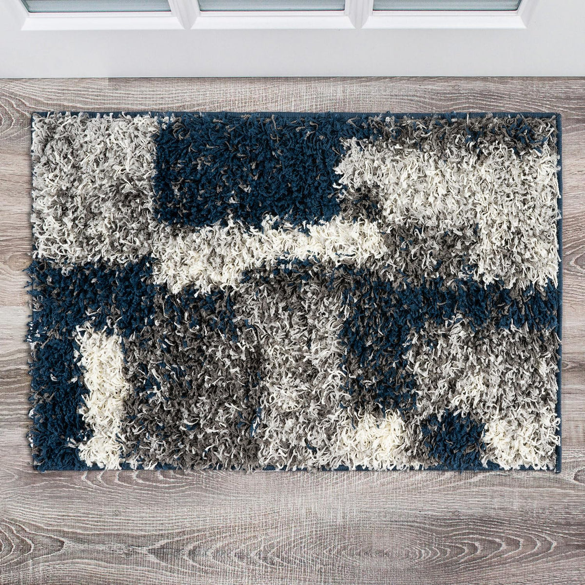 Rugshop Modern Boxes Distressed Shag Plush Soft Area Rug Navy 7'10" x 10'