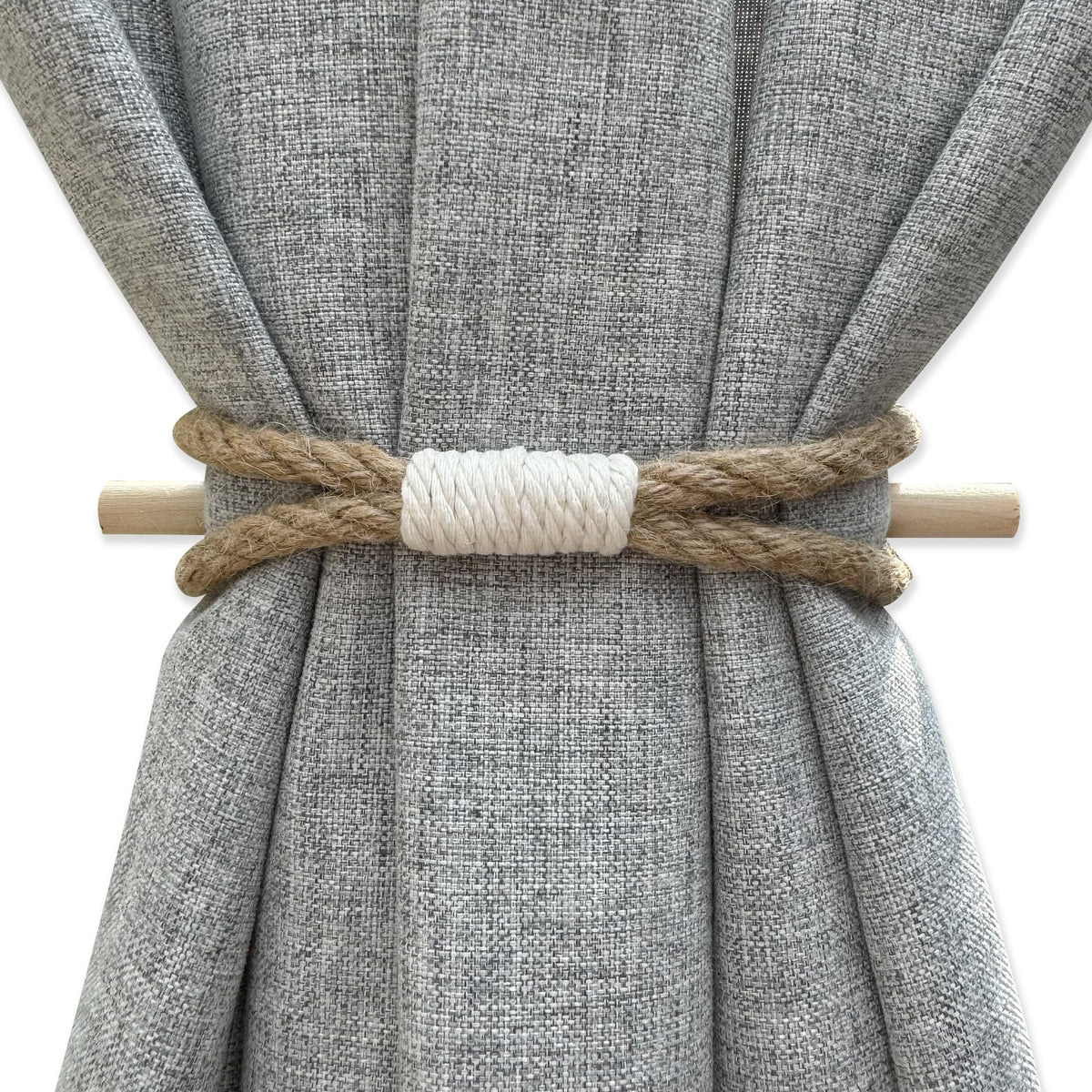 Curtain Holdbacks Boho Tiebacks for Drapes, Farmhouse Jute Rope Cotton Tie Backs with Rustic Wood Club, Curtain Accessories Holders for Indoor Outdoor Use, Set of 4