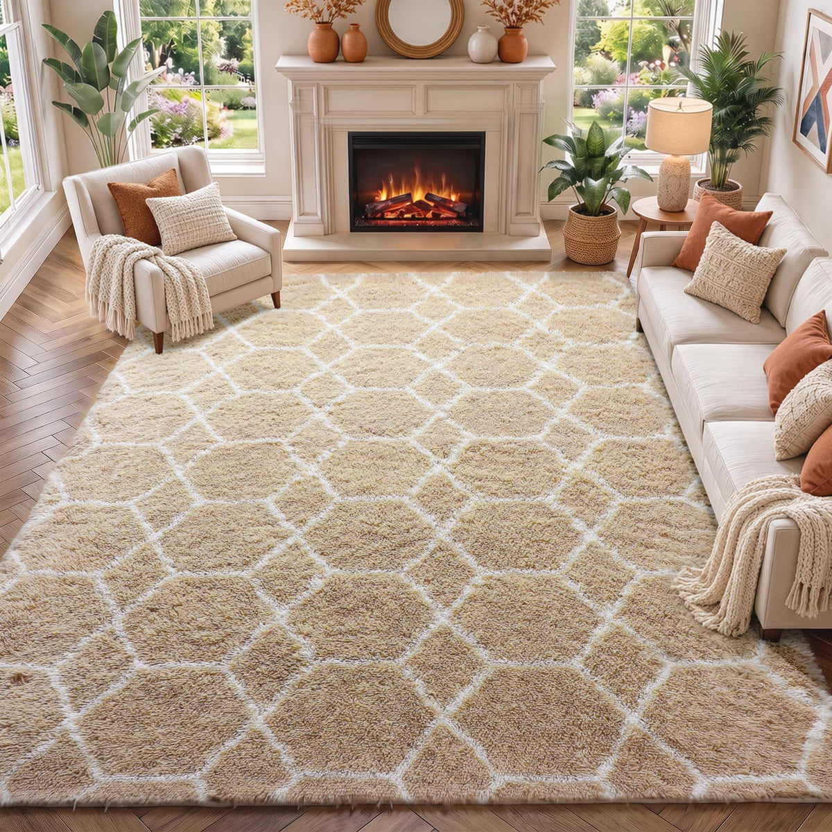 Area Rugs for Living Room Bedroom, 5x8 Fluffy Tie-Dyed Light Grey Shag Rug