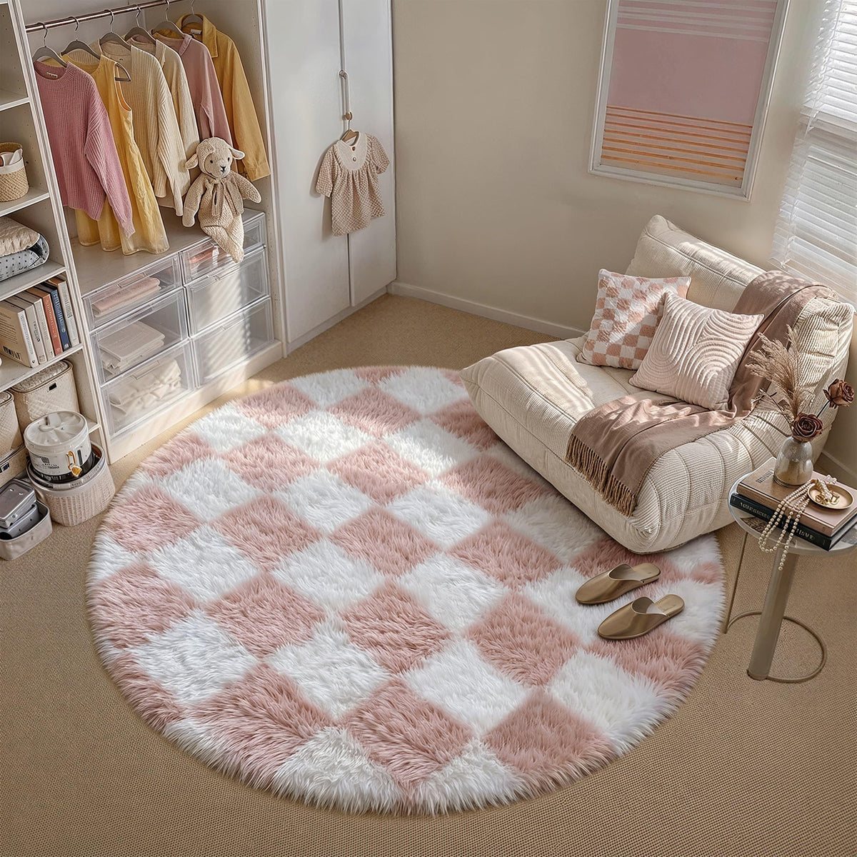 PureCozy Beige 8x10 Area Rug for Living Room Soft Checkered Shag Carpet