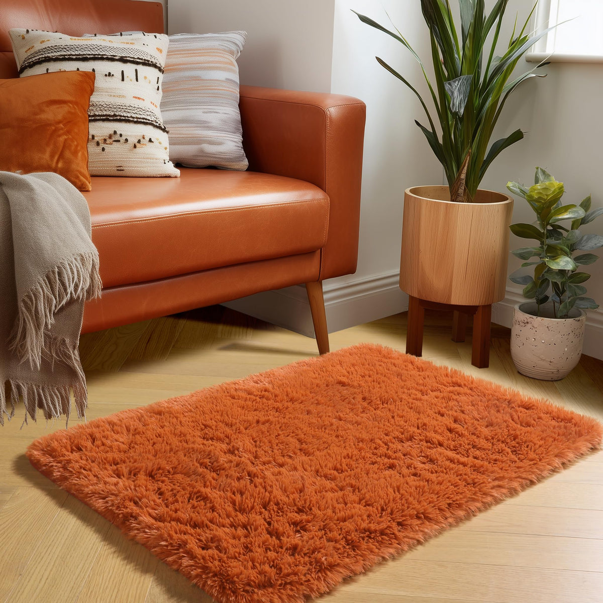 Amdrebio Burnt Orange Shag Plush Large Area Rug 6x9 for Living Room Bedroom