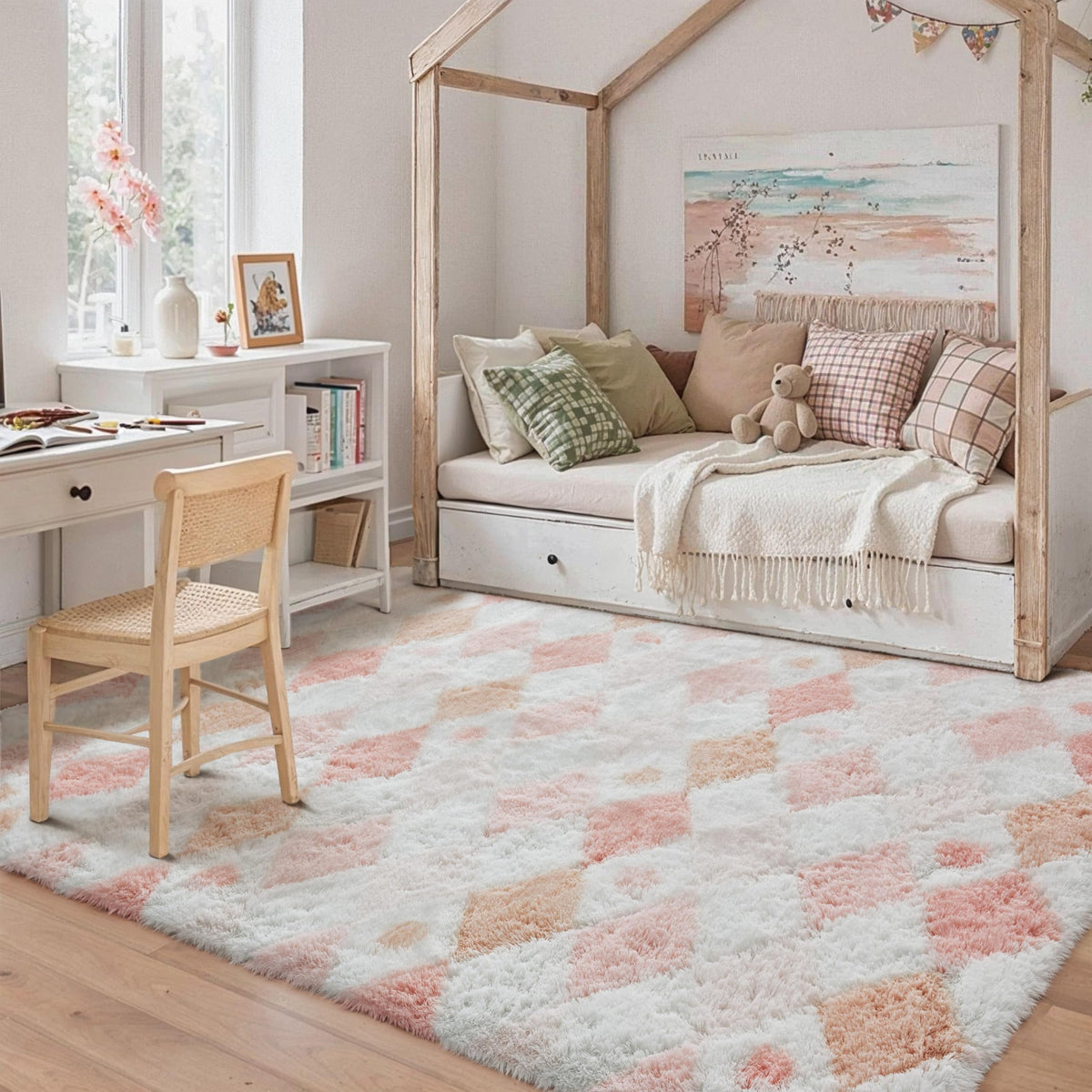 PureCozy Beige 8x10 Area Rug for Living Room Soft Checkered Shag Carpet