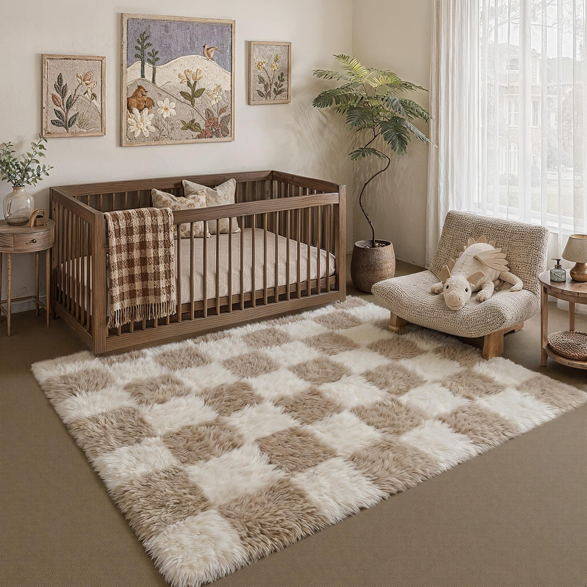 PureCozy Beige 8x10 Area Rug for Living Room Soft Checkered Shag Carpet