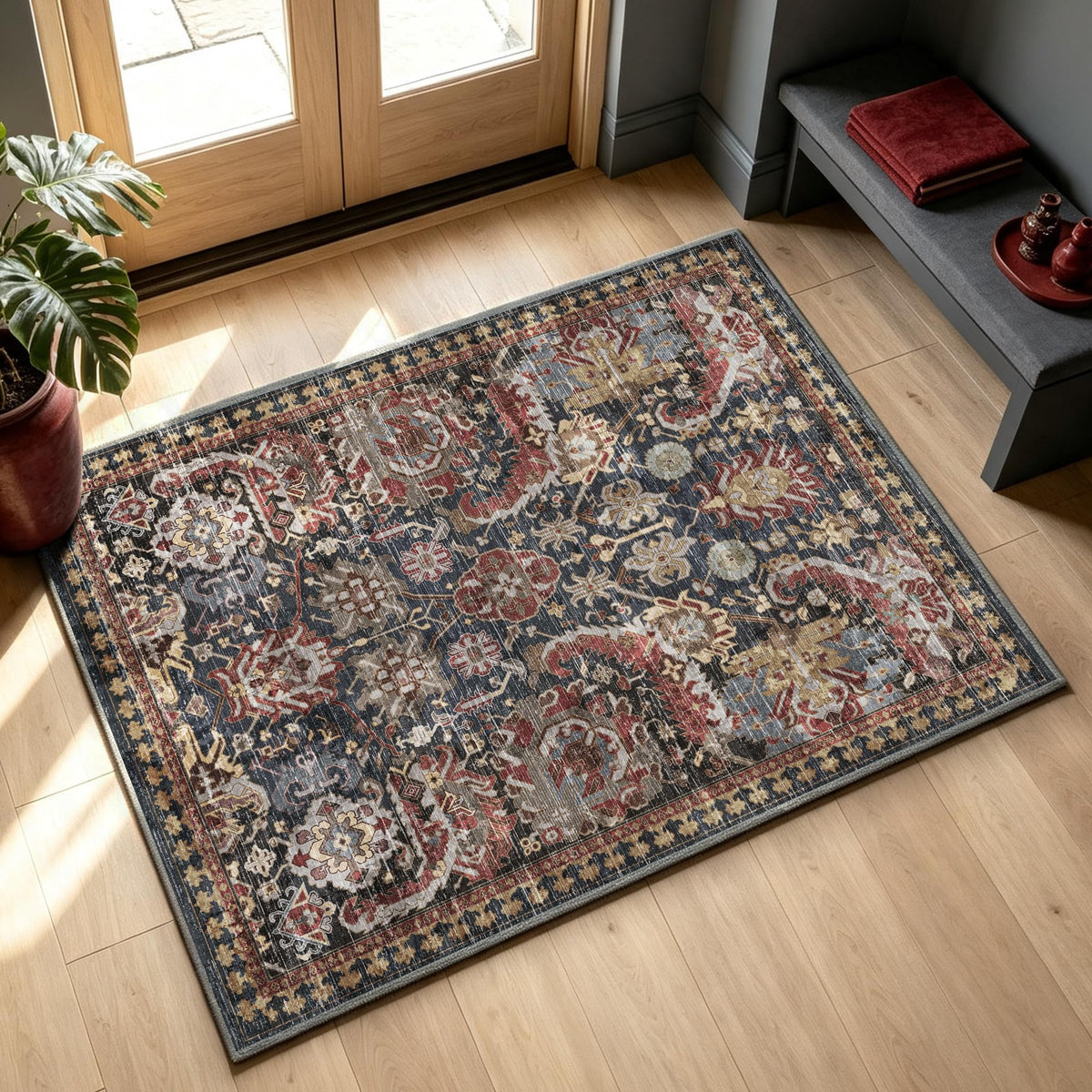 RUGSURE Washable Area Rugs 9' x 12' - 1/6 Thick - Moroccan-Inspired -Stain & Water Resistant Non-Slip - Resistant Rug for Living Room, Bedroom, Nursery, Pet & Child Friendly (Blue and Brown)
