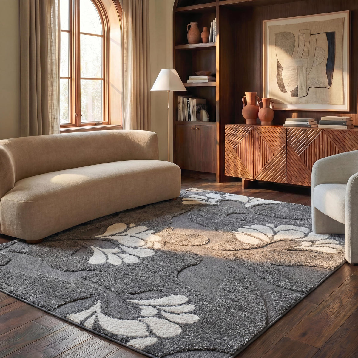 SAFAVIEH Area Rug 8x10 - Florida Shag Collection - Large - Smoke & Beige, Floral Design, Non-Shedding & Easy Cleaning, Plush Thick Pile, Ideal for Living Room, Bedroom, Dining Space (SG459-7913)