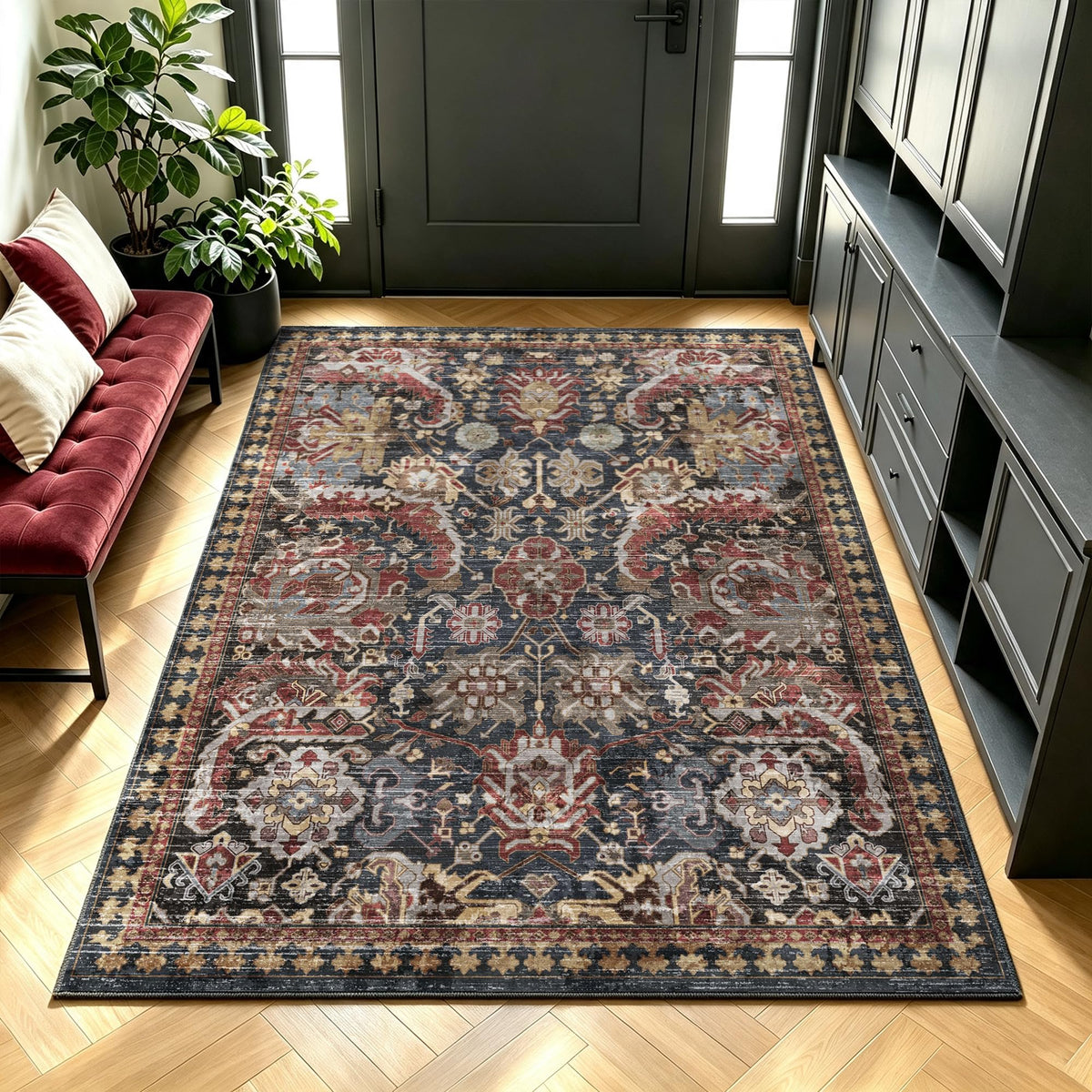 RUGSURE Washable Area Rugs 9' x 12' - 1/6 Thick - Moroccan-Inspired -Stain & Water Resistant Non-Slip - Resistant Rug for Living Room, Bedroom, Nursery, Pet & Child Friendly (Blue and Brown)