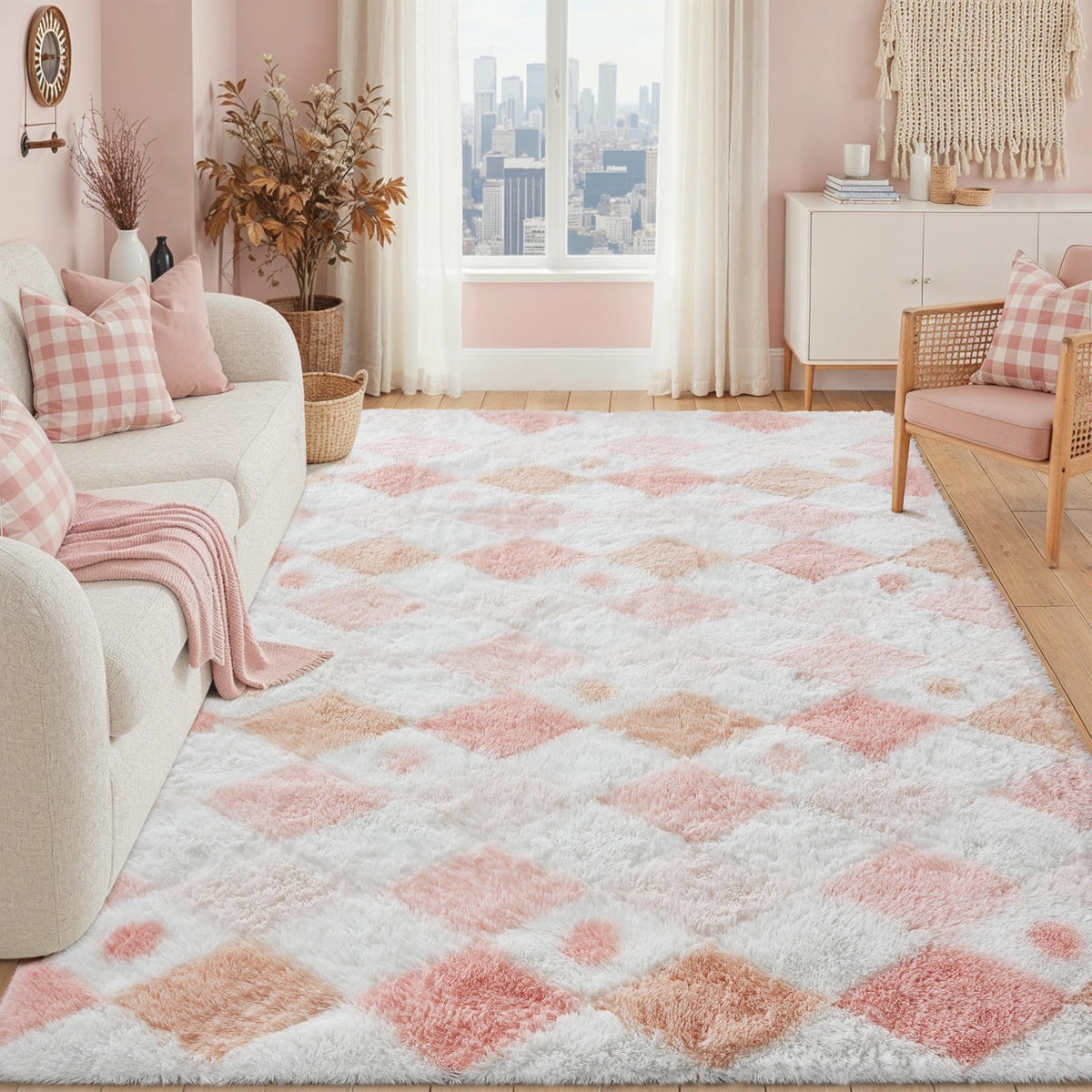 PureCozy Beige 8x10 Area Rug for Living Room Soft Checkered Shag Carpet
