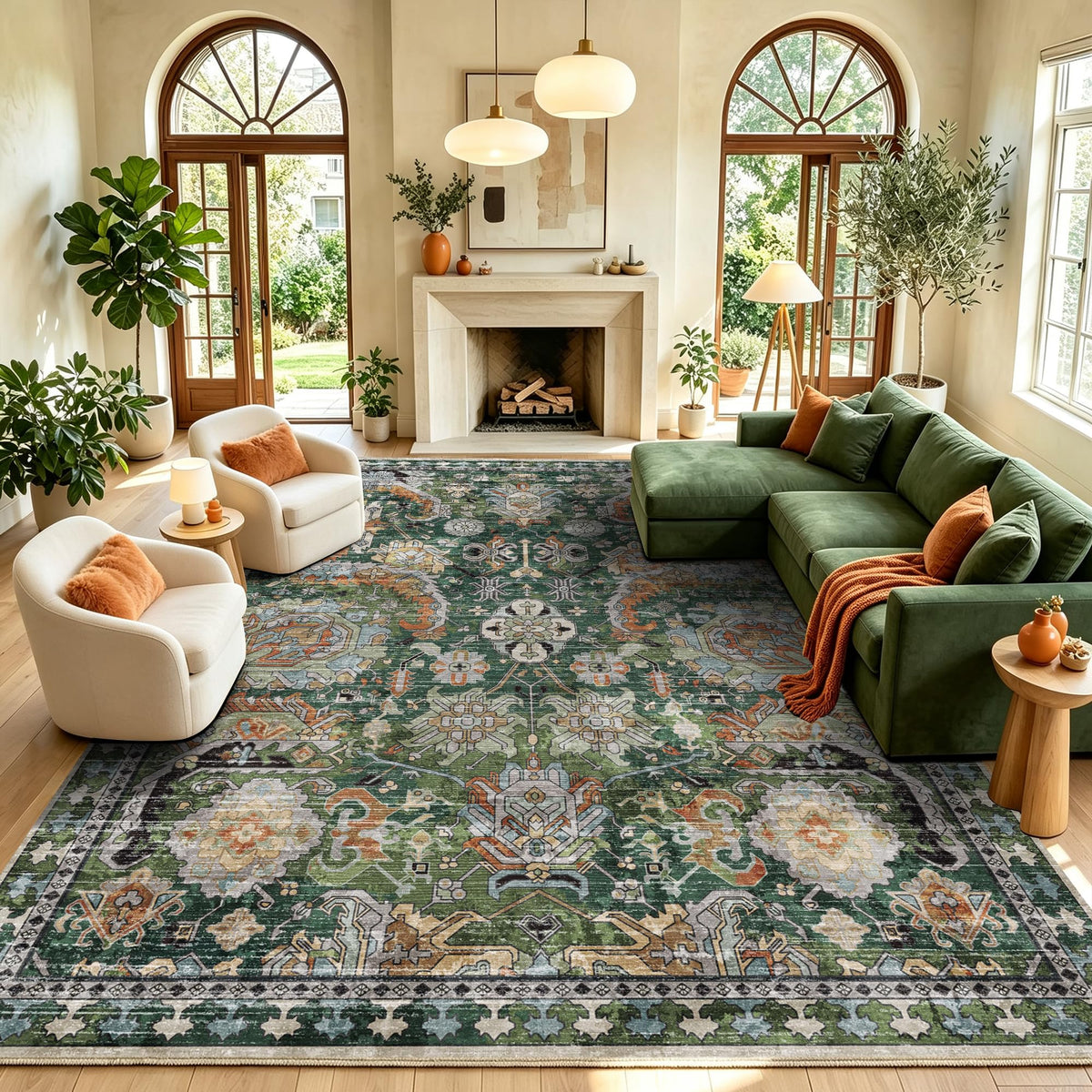 RUGSURE Washable Area Rugs 9' x 12' - 1/6 Thick - Moroccan-Inspired -Stain & Water Resistant Non-Slip - Resistant Rug for Living Room, Bedroom, Nursery, Pet & Child Friendly (Blue and Brown)