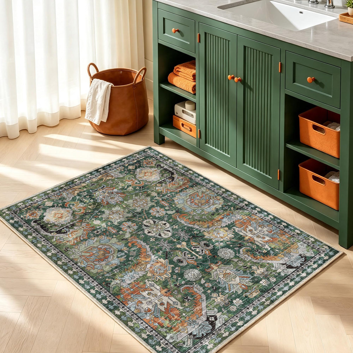 RUGSURE Washable Area Rugs 9' x 12' - 1/6 Thick - Moroccan-Inspired -Stain & Water Resistant Non-Slip - Resistant Rug for Living Room, Bedroom, Nursery, Pet & Child Friendly (Blue and Brown)
