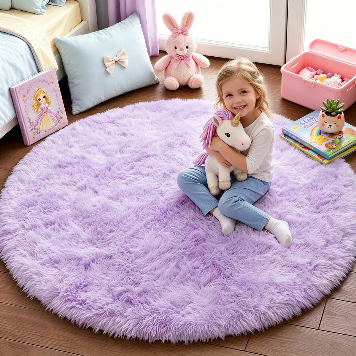 Pink Round Rug for Girls Bedroom 4Ft, Fluffy Shaggy Fuzzy Circle Area Rugs