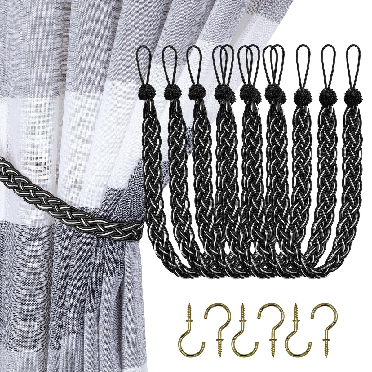 Home Queen Handwoven Rope Curtain Tiebacks for Drapes, 2 Pack Rope Holdbacks with Hooks, 23 Inch Long Polyester and Cotton Braided Tie Backs for Thick and Sheer Curtains,Navy and Silver