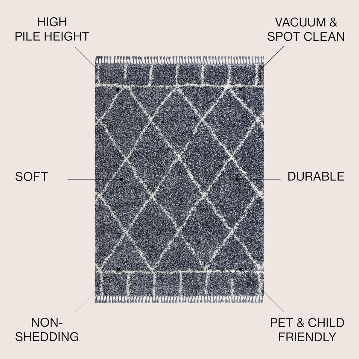 JONATHAN Y Mercer Shag Plush Tassel Blue/Cream Indoor Area Rug, 8x10, Moroccan Geometric Trellis, Easy-Cleaning for Living Room, Bedroom, Kitchen, Pet Friendly, Non-Shedding (MCR101A-8)