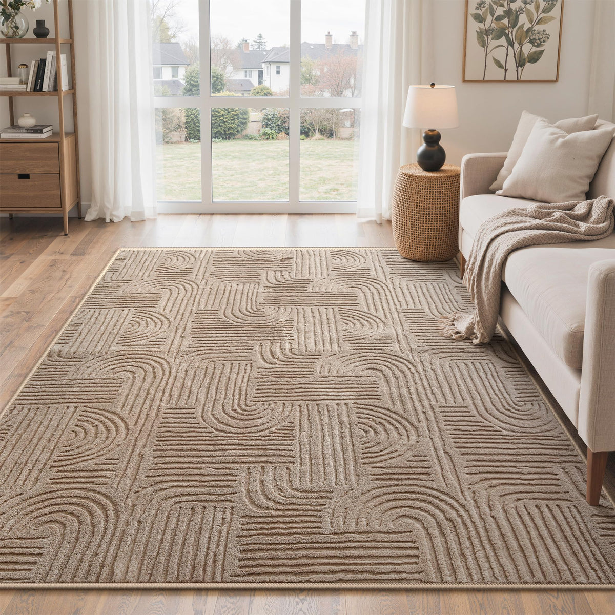 GENIMO Beige Rug 5x7 Washable Area Rugs for Living Room, Soft High Low Pile