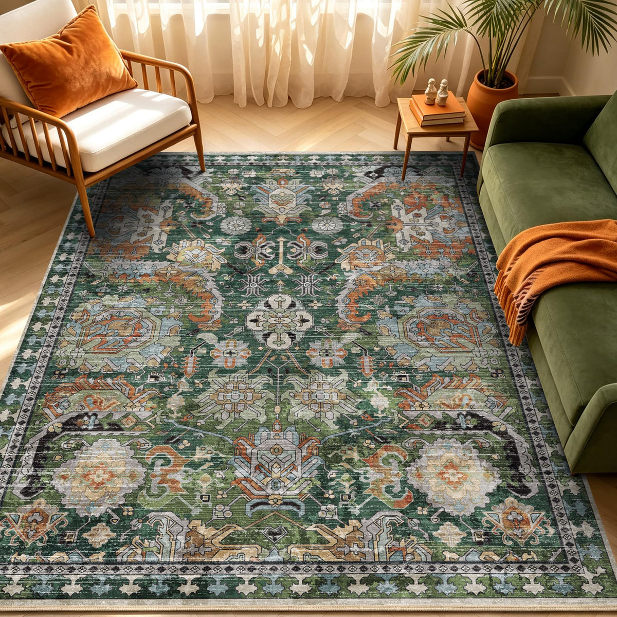 RUGSURE Washable Area Rugs 9' x 12' - 1/6 Thick - Moroccan-Inspired -Stain & Water Resistant Non-Slip - Resistant Rug for Living Room, Bedroom, Nursery, Pet & Child Friendly (Blue and Brown)