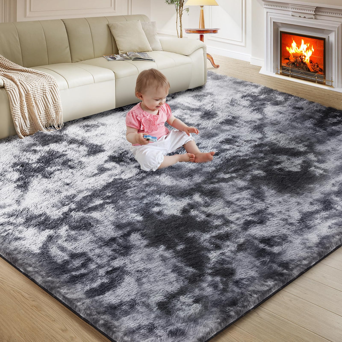 Ultra Soft Rug for Living Room, 8X10 Fluffy Shag Area Rug for Bedroom, Modern Shaggy Carpets Fuzzy Rug for Teens Dorm Nursery Home Decor Aesthetic, Upgrade Anti-Skid Durable, Cream White