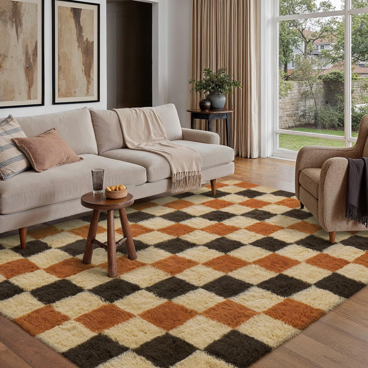 PureCozy Beige 8x10 Area Rug for Living Room Soft Checkered Shag Carpet