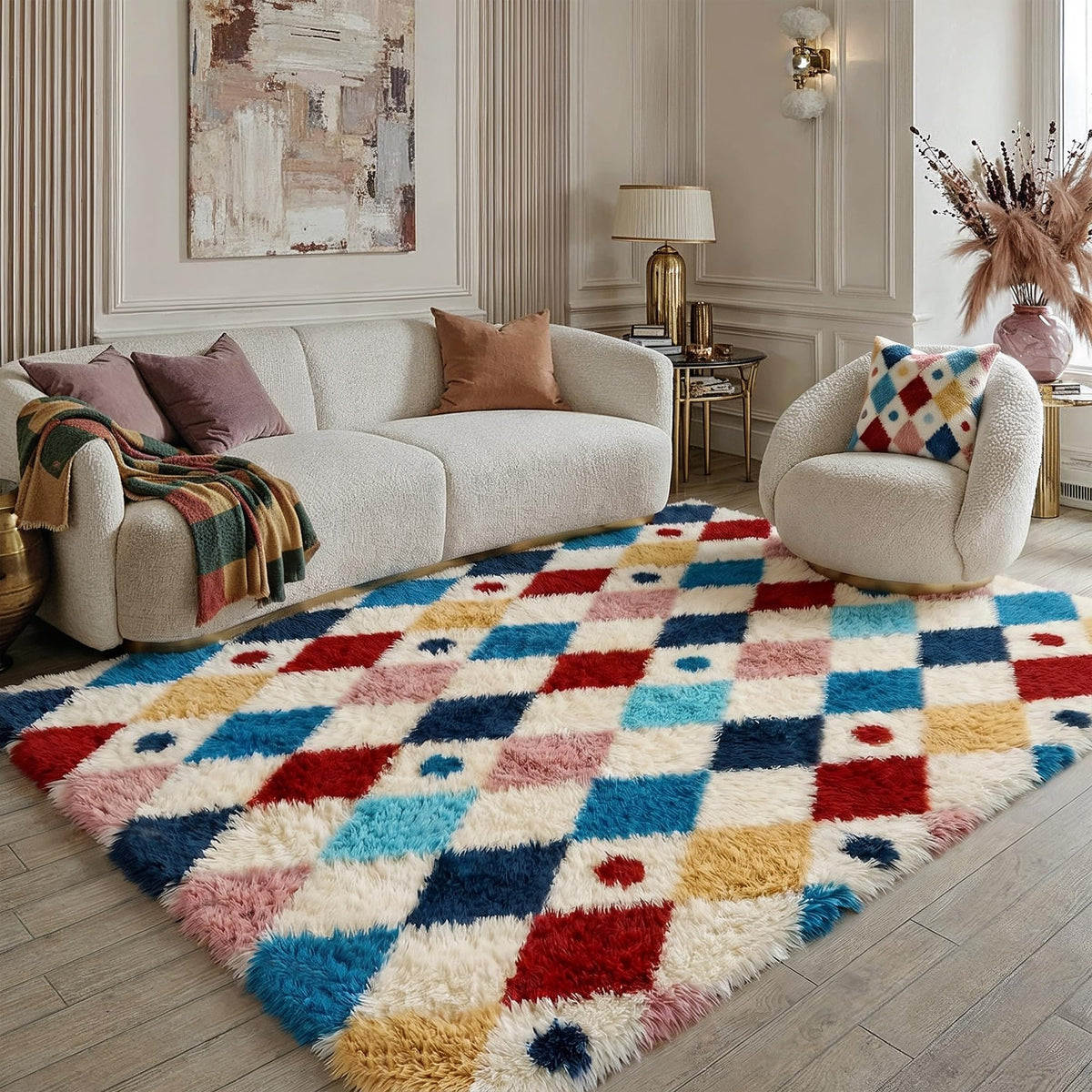 PureCozy Beige 8x10 Area Rug for Living Room Soft Checkered Shag Carpet
