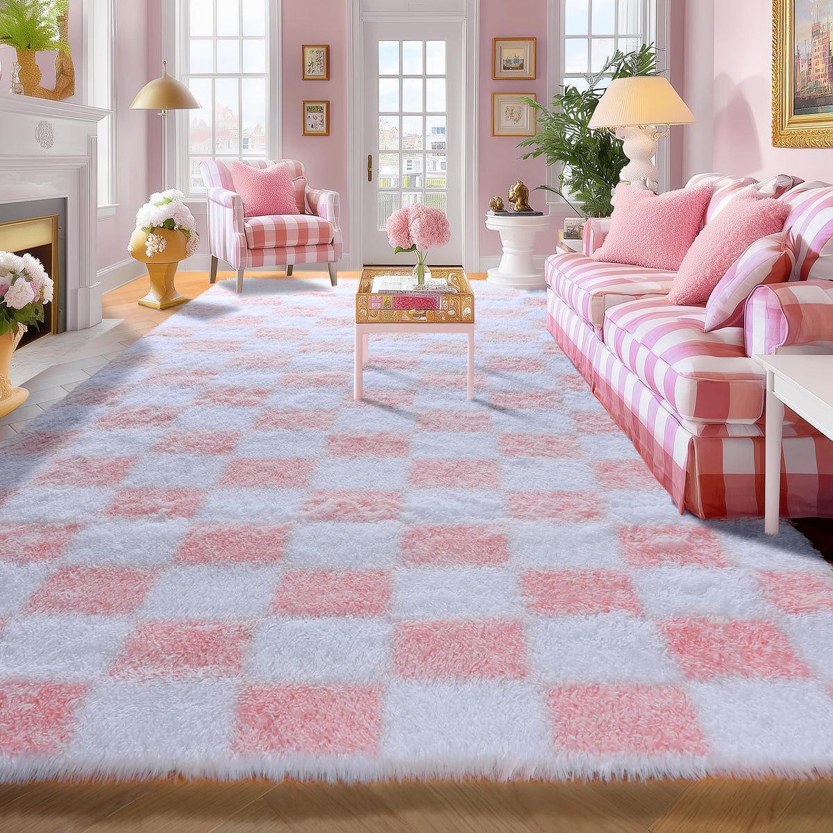 KICMOR Area Rugs 8x10 for Living Room, Large Fluffy Beige and Cream White Checkered Rug Big Fuzzy Shag Shaggy Carpets for Bedroom, Soft Plush Furry Rug for Boy Girls Room Dorm Home Decor Aesthetic