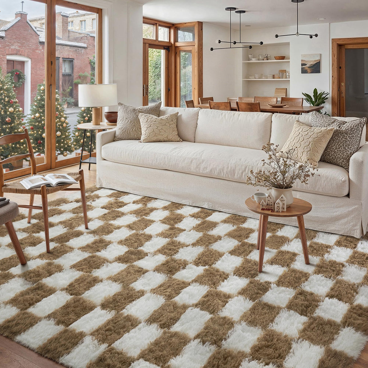 PureCozy Beige 8x10 Area Rug for Living Room Soft Checkered Shag Carpet