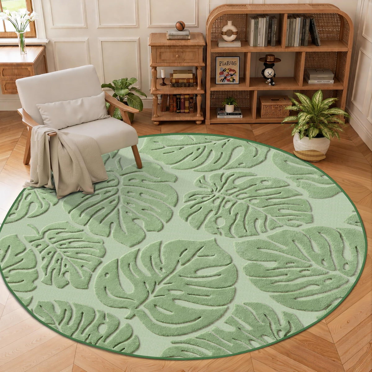 Arenarug Sage Green Monstera 5x7 Area Rugs High-Low Plush Pile Washable