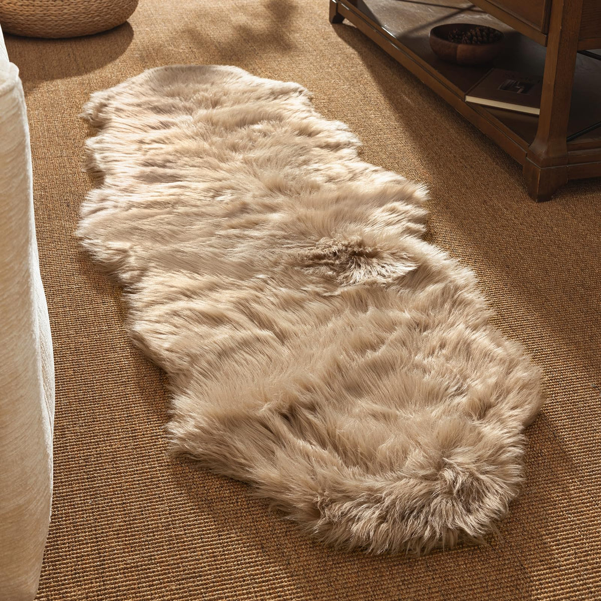 Ashler Faux Fur Rug, White, 2 x 6 Ft, Machine Washable