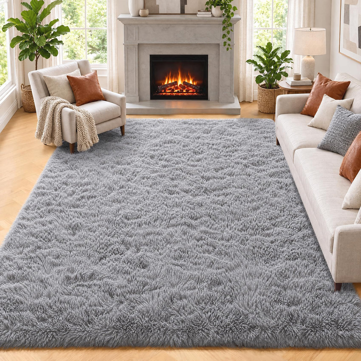 Area Rugs for Living Room Bedroom, 5x8 Fluffy Tie-Dyed Light Grey Shag Rug