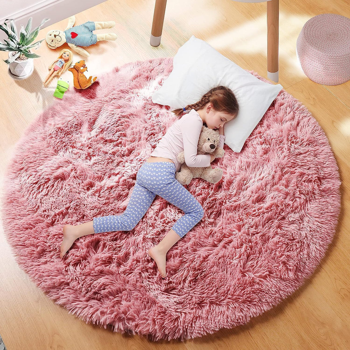 Pink Round Rug for Girls Bedroom 4Ft, Fluffy Shaggy Fuzzy Circle Area Rugs