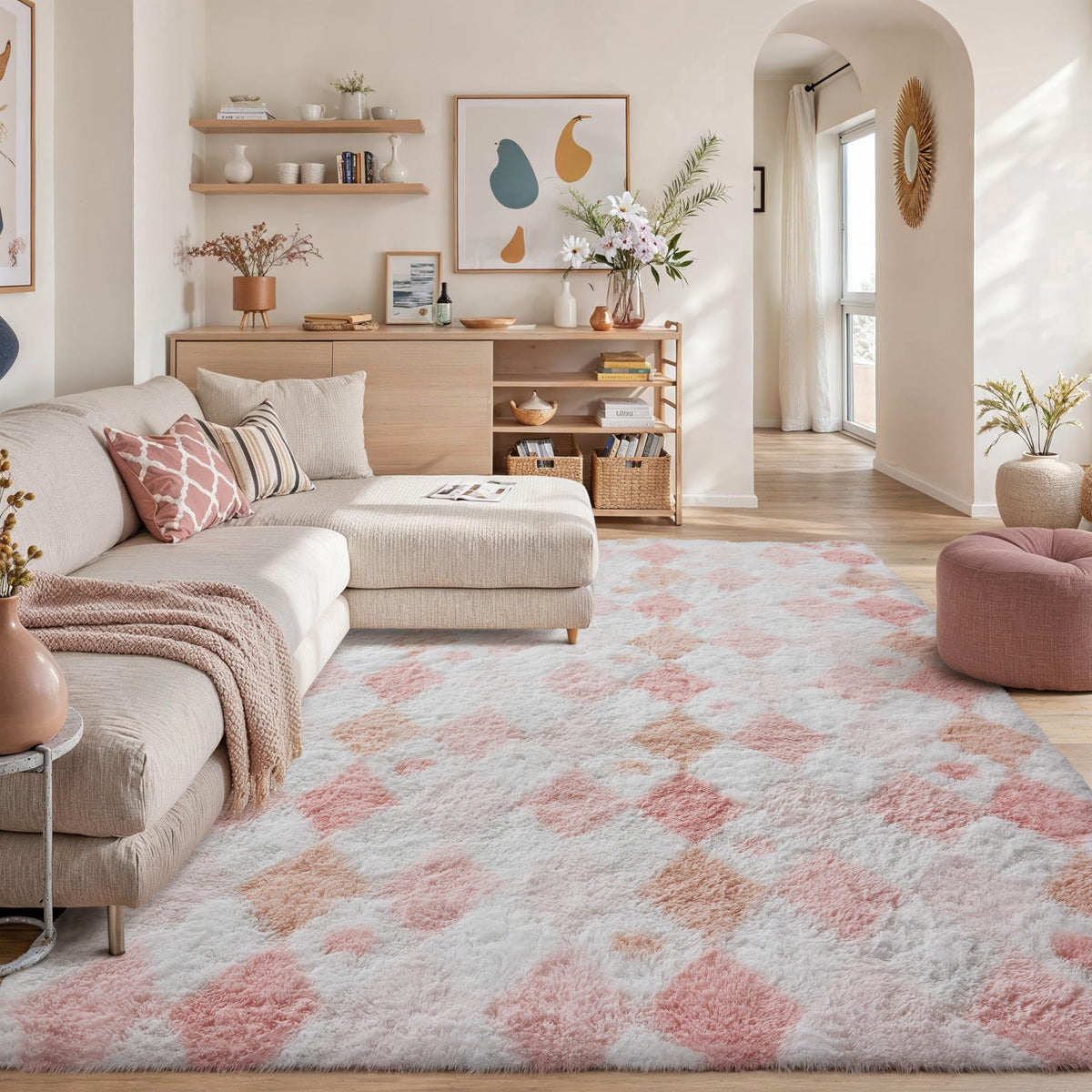 PureCozy Beige 8x10 Area Rug for Living Room Soft Checkered Shag Carpet