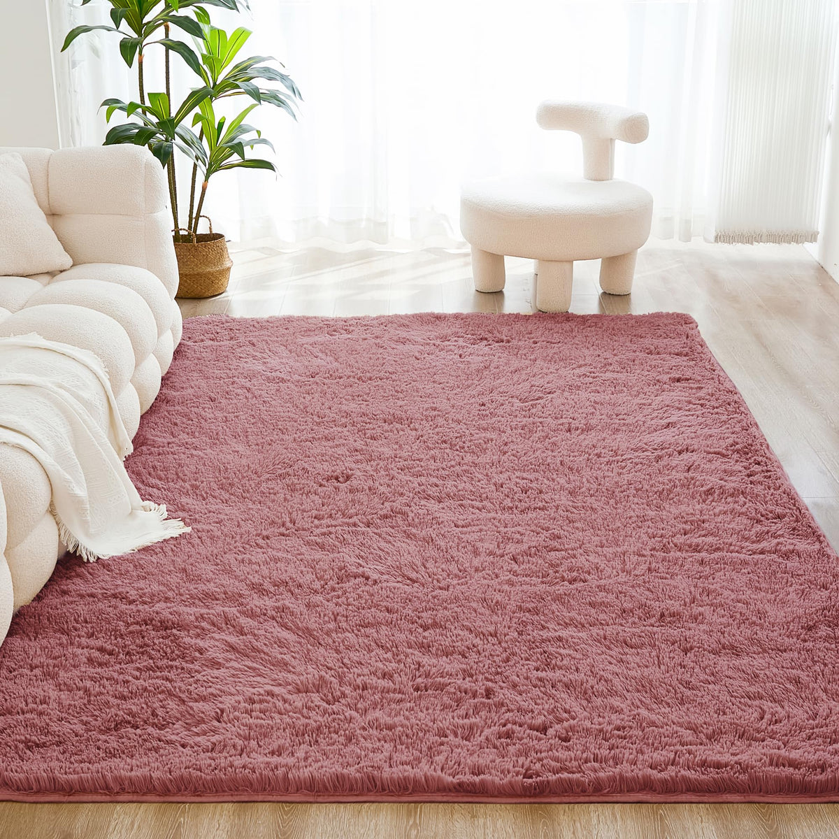 Litanika 5x8 Shag Area Rug for Bedroom, Tie-Dyed Beige Plush Rug
