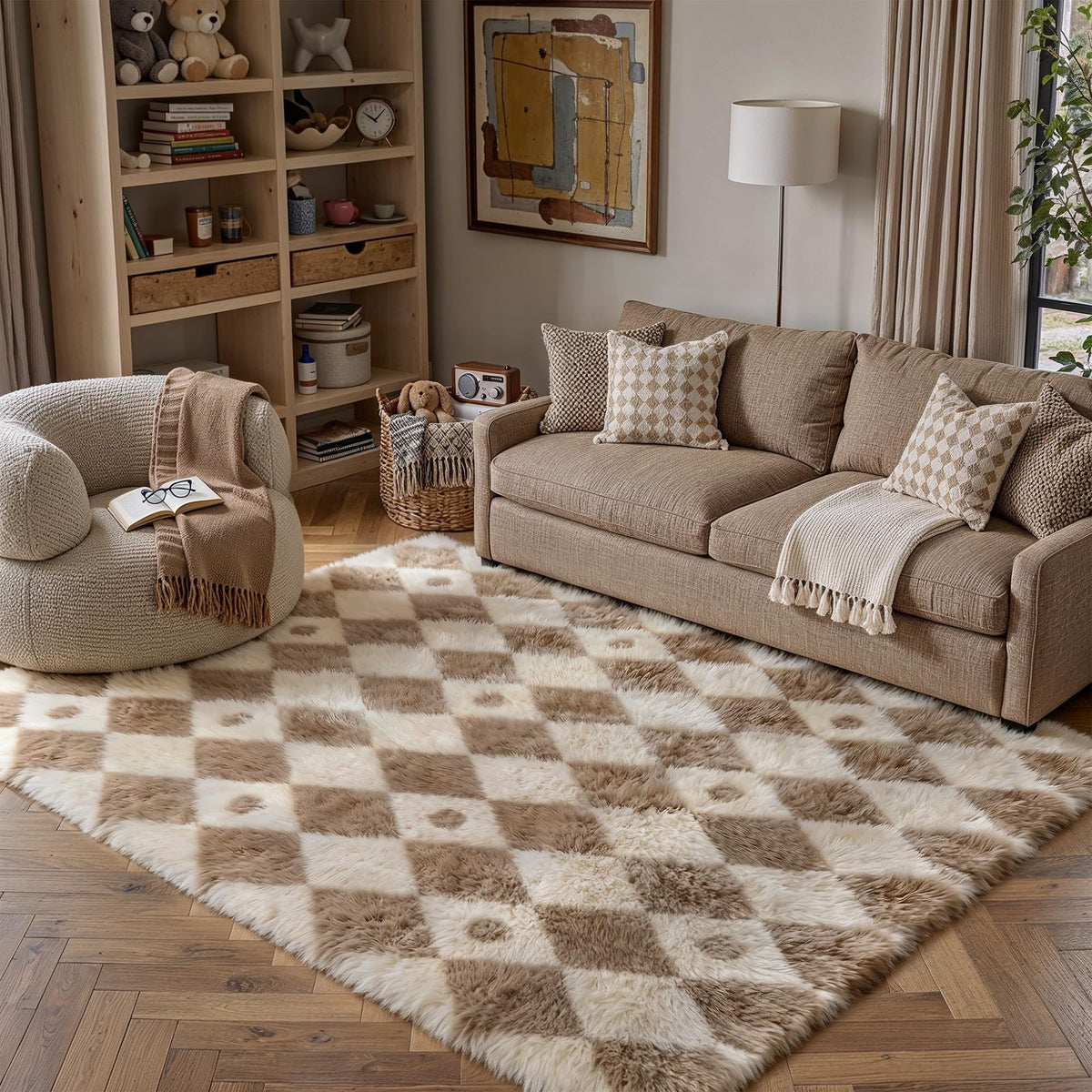 PureCozy Beige 8x10 Area Rug for Living Room Soft Checkered Shag Carpet