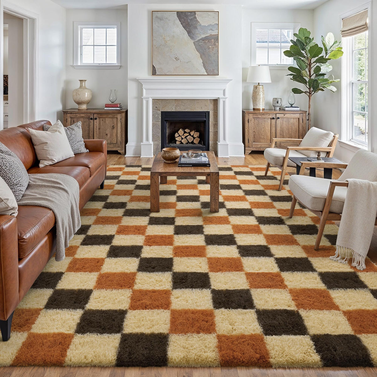 PureCozy Beige 8x10 Area Rug for Living Room Soft Checkered Shag Carpet