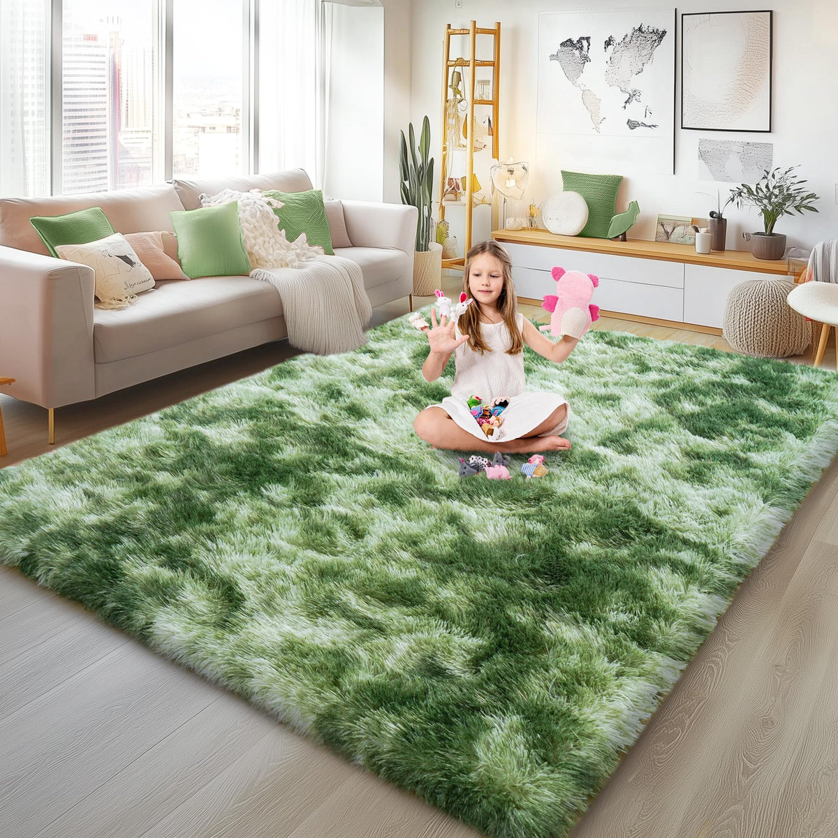 Large 8x10 Area Rugs for Living Room, Tie-Dyed Yellow Soft Shag Rug