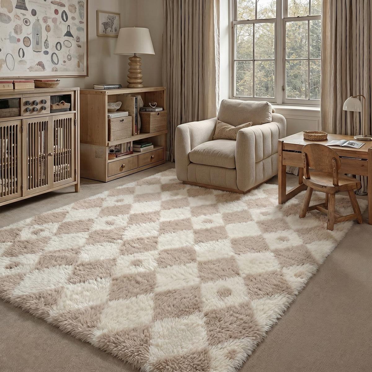 PureCozy Beige 8x10 Area Rug for Living Room Soft Checkered Shag Carpet