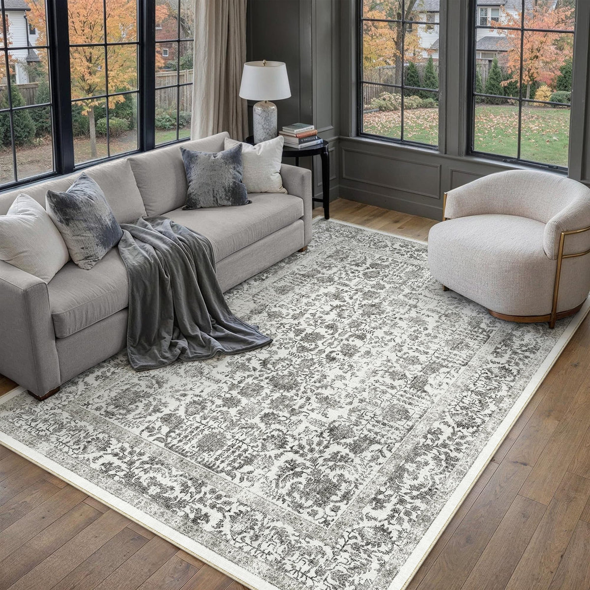 PureCozy Gray Area Rug 8x10 Vintage Floral