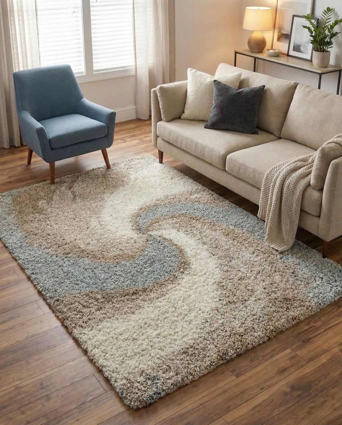 Rugs.com - Soft Touch Shag Rug – 4' 1 x 6' 1 Khaki Shag Rug – Plush Abstract Design for Bedrooms, Living Rooms, and Home Offices